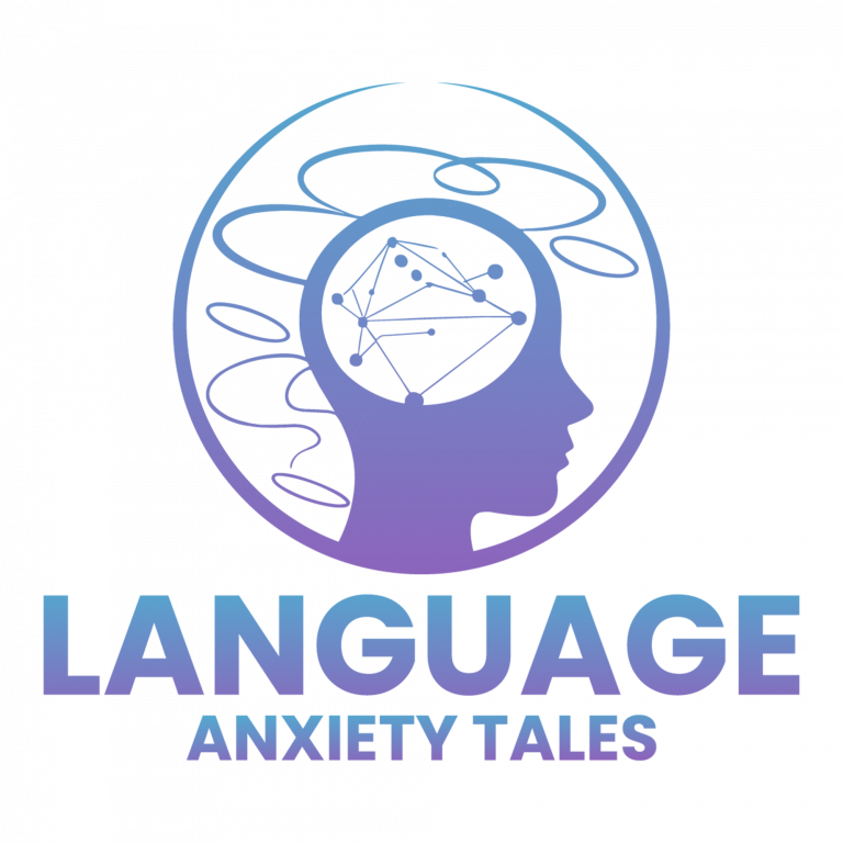 Language Anxiety Tales logo featuring a human head silhouette with interconnected neural-like patterns, surrounded by swirling lines, in a gradient purple and blue design.